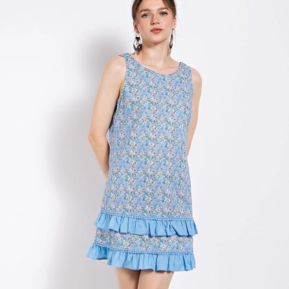 Gigio Ditsy Blue Floral Ruffled Sleeveless Tank Dress Cotton Fabric Pullover